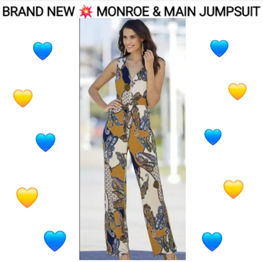 Monroe & Main Women's Paisley Jumpsuit - Blue and Gold, Size M
